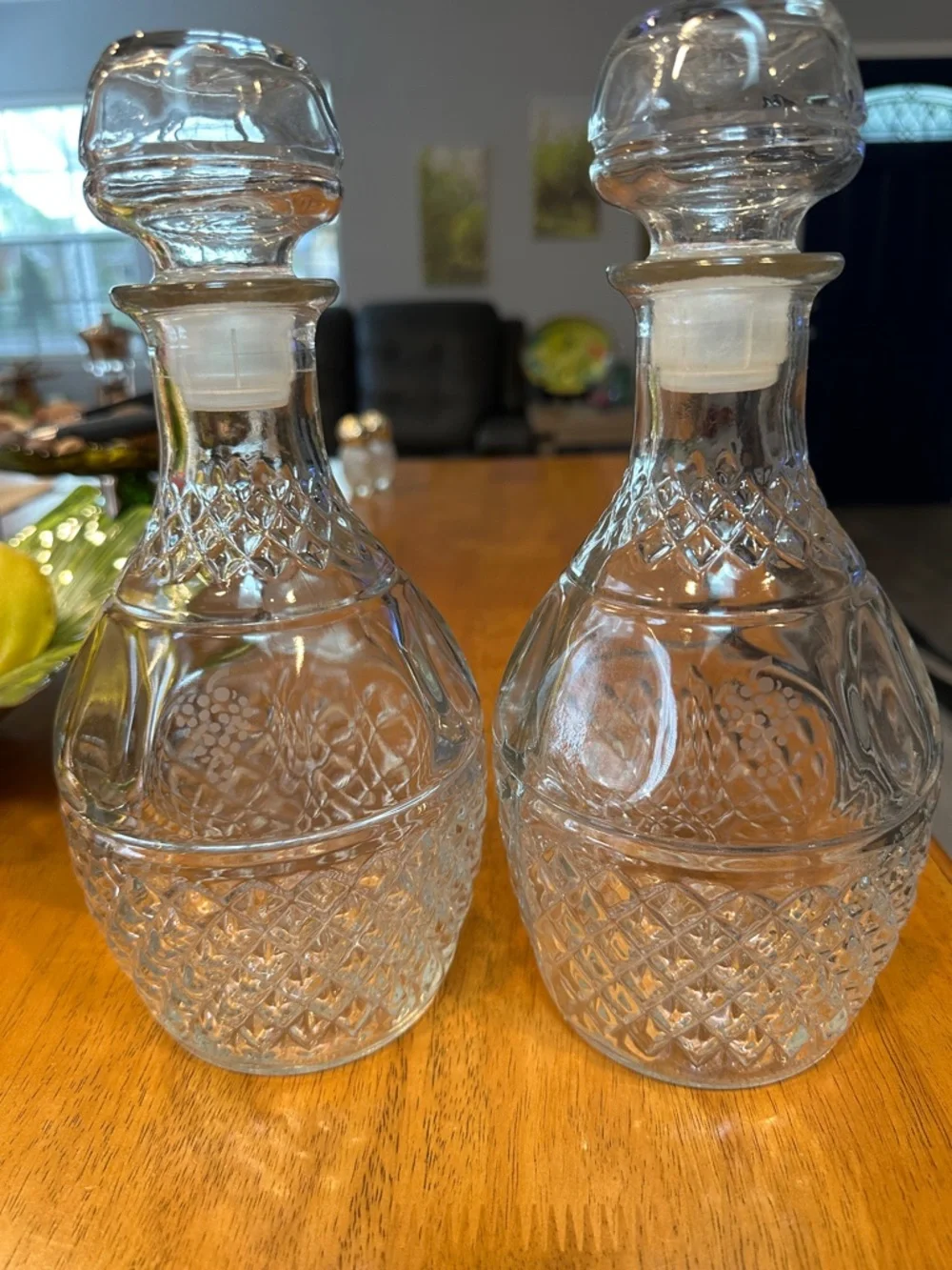 Vintage Royal Crown decanters w/ original stoppers. Etched grape & crown design